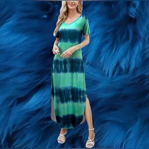 Green and Blue Tie-Dye Southern Maxi Dress